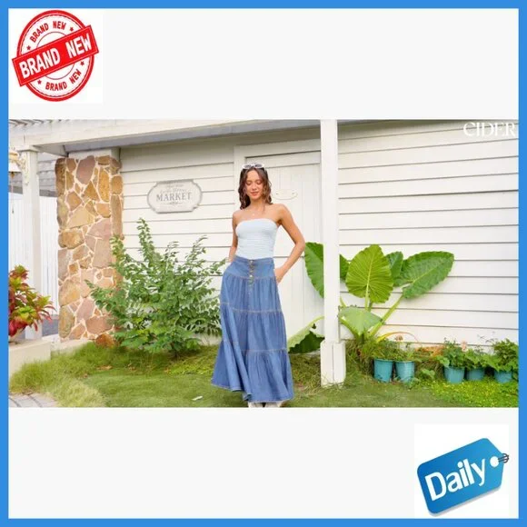 Denim Maxi Skirt High Waist Tiered Button Down Casual